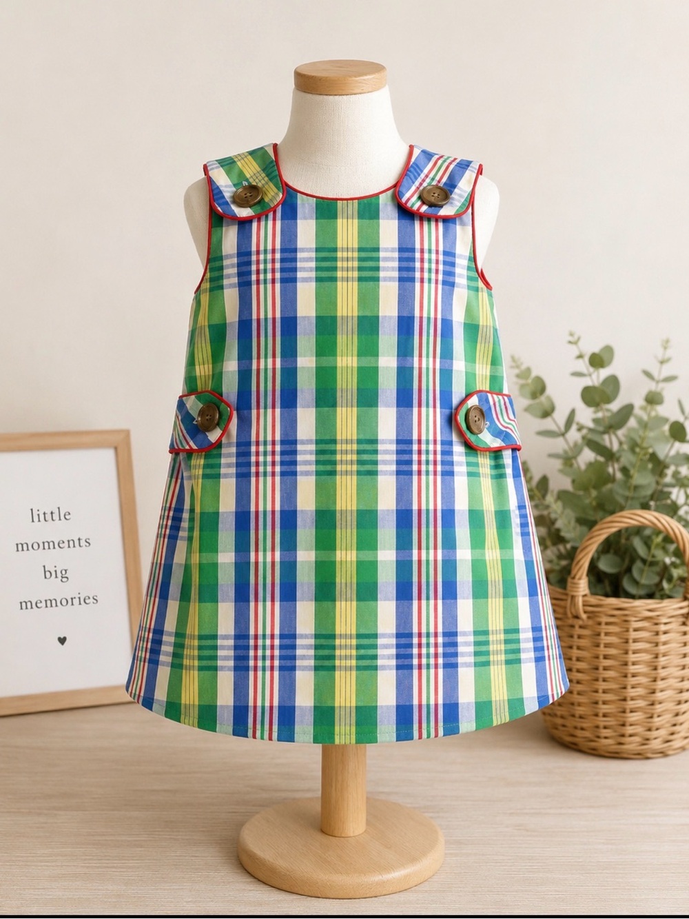 The Beaufort Bonnet Company Green Blue Yellow Plaid Sundress with Red Piping